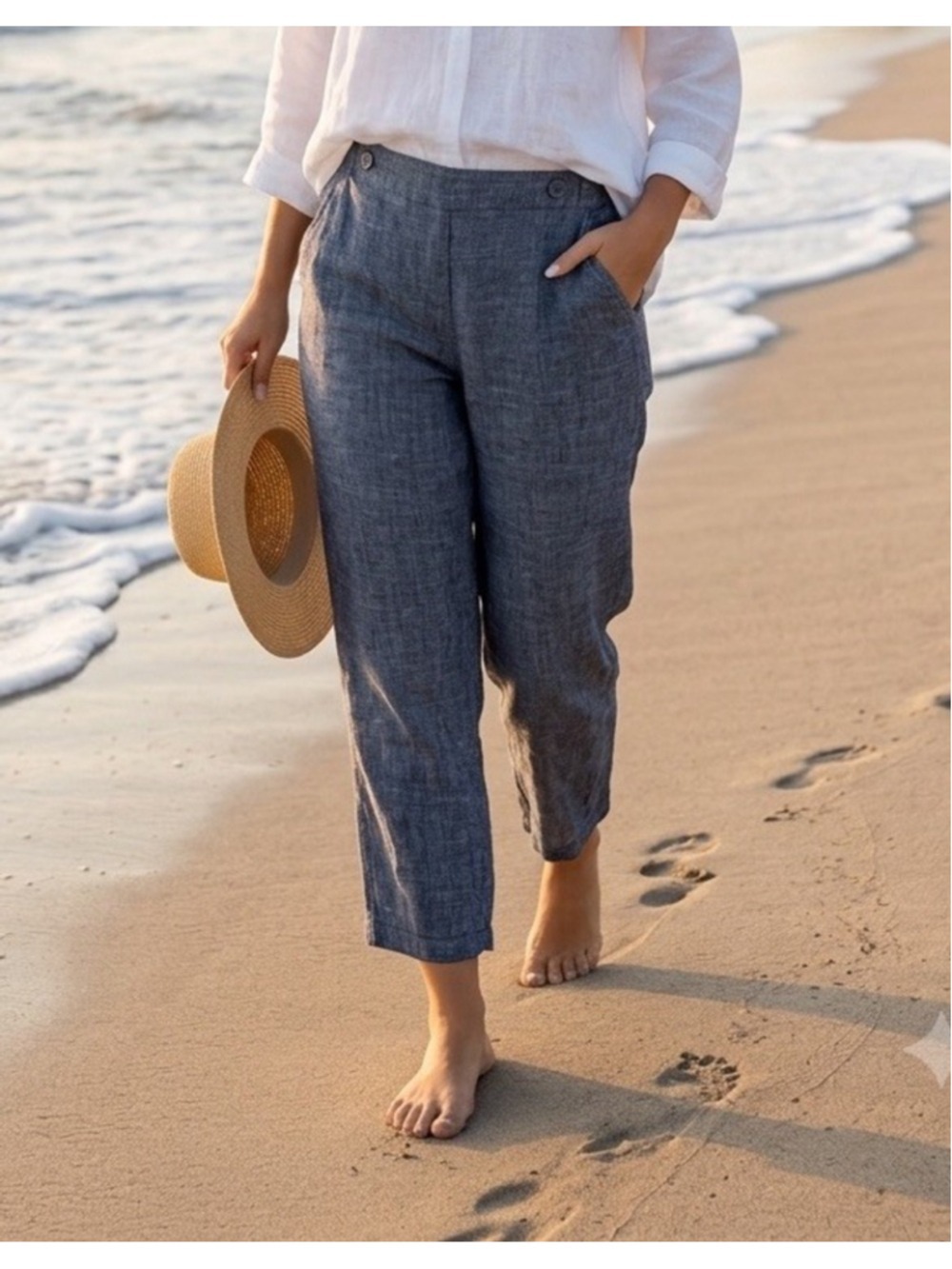 Soft Surroundings Linen Wide Leg Crop Pant L Blue Chambray Beach Pockets Coastal